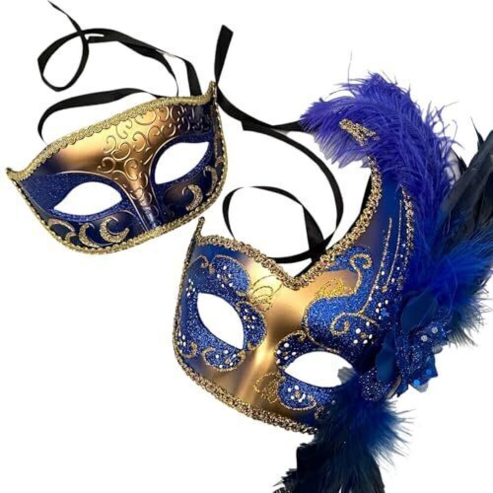 6939 Couples Black Gold Masquerade Ball Mask Pair Feather Mardi Gras Party